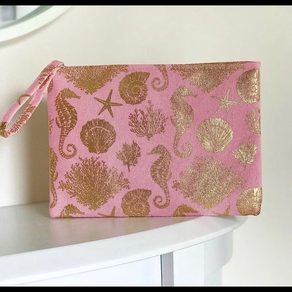 Pink and Gold Metallic Foil Print Sea Life Wristlet Clutch Zip Bag - Picture 8 of 12